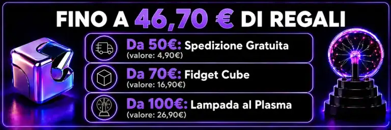 Grafica promozionale con offerte su gadget scientifici, fidget cube e lampade al plasma, con dettagli sui prezzi e regali inclusi.