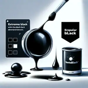 Campione di vernice nera VantaBlack con effetto lucido e opaco, in contenitore e con applicatore, su sfondo bianco, evidenziando la sua texture e colore intenso.