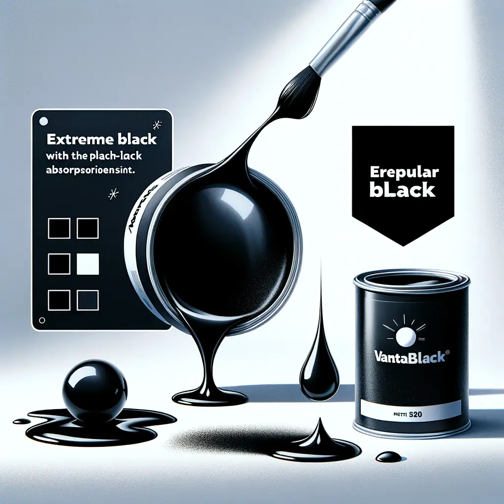 Campione di vernice nera VantaBlack con effetto lucido e opaco, in contenitore e con applicatore, su sfondo bianco, evidenziando la sua texture e colore intenso.
