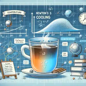 Tavolozza di elementi scientifici e diagrammi con tazza di tè caldo, simboli di fisica e chimica, e strumenti di laboratorio, rappresentando l'interesse per la scienza e la decorazione scientifica.