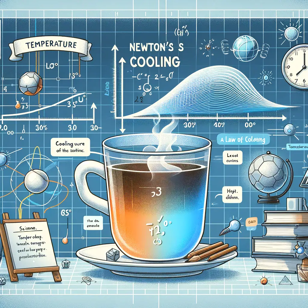 Tavolozza di elementi scientifici e diagrammi con tazza di tè caldo, simboli di fisica e chimica, e strumenti di laboratorio, rappresentando l'interesse per la scienza e la decorazione scientifica.