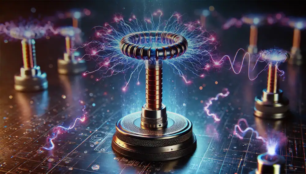 Alta tensione e scariche elettriche su un dispositivo scientifico con effetti di energia visiva e scintille luminose.