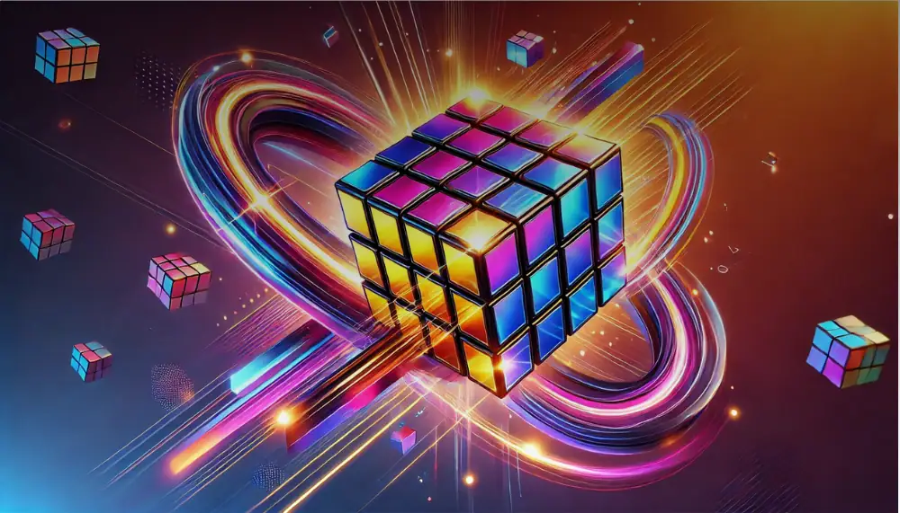 Puzzle di Rubik luminoso con effetti di luce e scie colorate, sfondo scuro con elementi scientifici e spaziali, rappresenta oggetti decorativi e scientifici moderni e innovativi.
