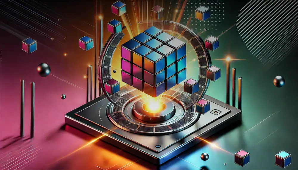 Un cubo di Rubik digitale in 3D con effetti di luce e particelle, simbolo di tecnologia e scienza, su una piattaforma futuristica con sfondo astratto colorato.