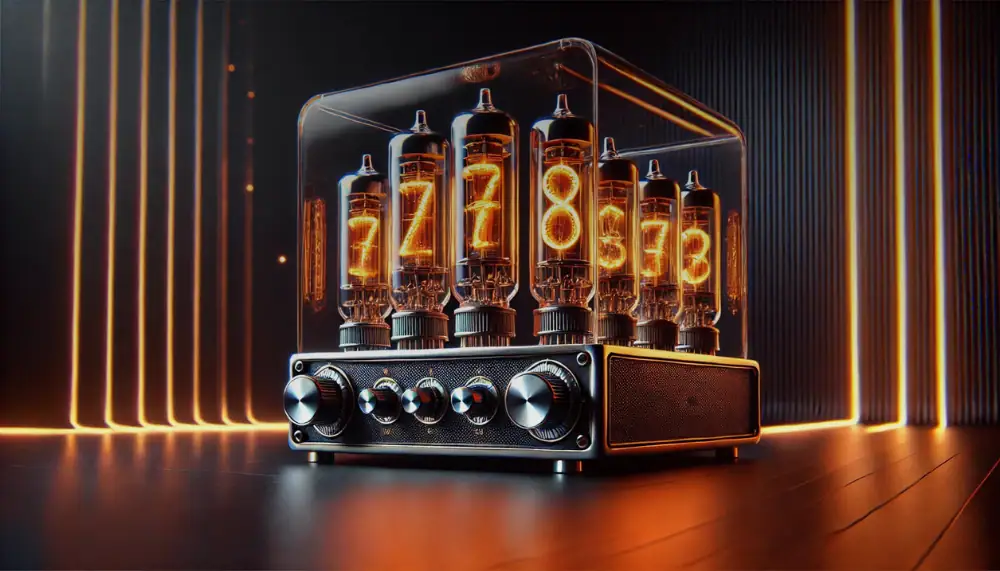 Pannello di display con tubi al neon e numeri luminosi in stile vintage, perfetto come decorazione scientifica moderna. Ideale per appassionati di tecnologia e design industriale.