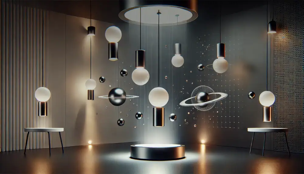 Pannello decorativo con modelli di pianeti e orbite in stile scientifico, illuminato da luci soffuse, ideale per ambienti moderni e studi di ispirazione spaziale.