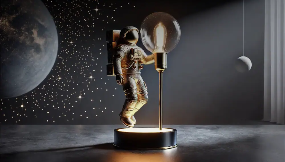 Lampada decorativa con astronauta e lampadina, ispirata allo spazio e all'esplorazione scientifica, perfetta come oggetto di design e decorazione per ambienti tematici o scientifici.