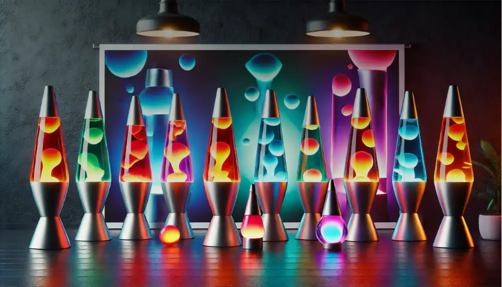 Lampi lava a forma di coni con luci colorate e sfere di vetro, create per decorare ambienti scientifici o moderni, con un design innovativo e luminoso.