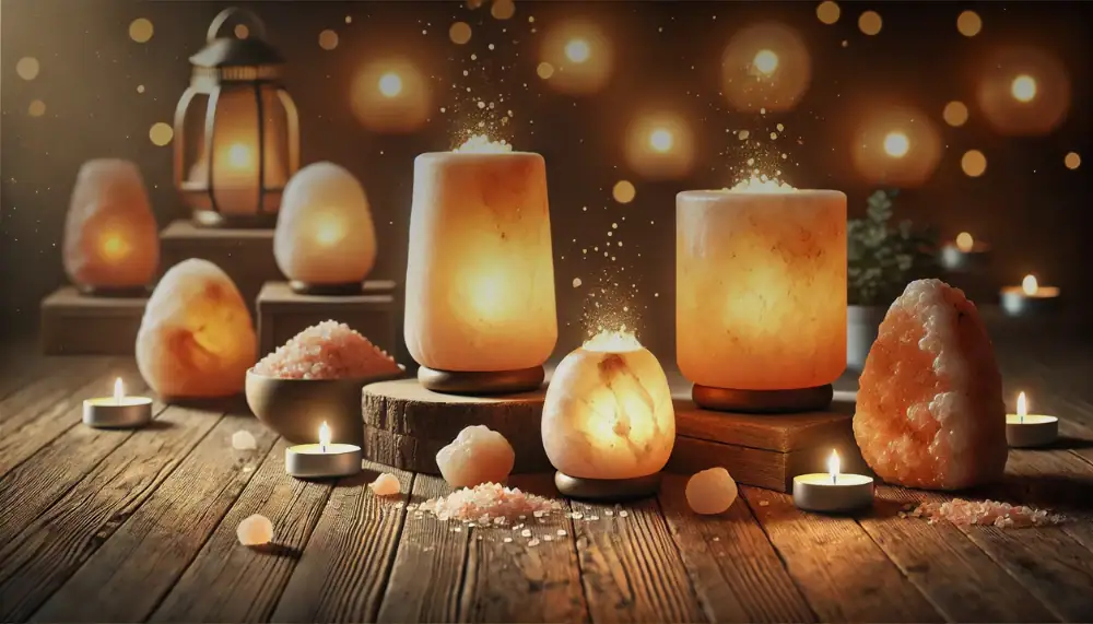 Lampade di sale rosa dell'Himalaya con luce calda, decorazioni naturali e atmosfera rilassante, ideali per ambienti domestici e spazi di benessere. Perfette per creare un'atmosfera accogliente e salut.