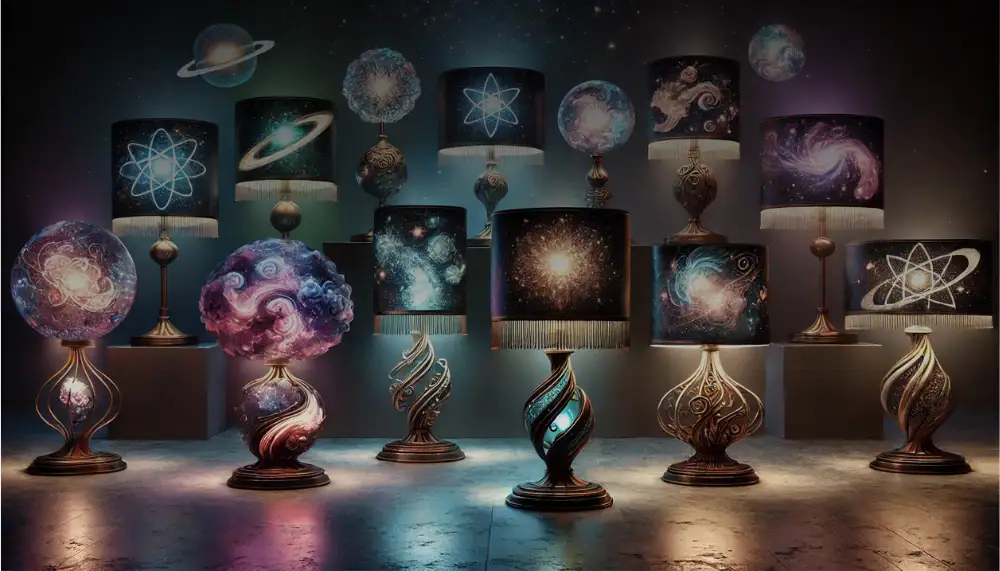 Lampade decorative con motivi spaziali e galattici, perfette per arredare ambienti con tema scientifico o cosmico, creando un'atmosfera affascinante e stimolante.