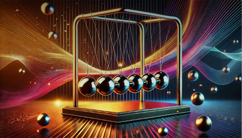 Pendente di Newton con sfondo astratto di luci e onde colorate, rappresentazione di un classico oggetto scientifico decorativo e educativo.