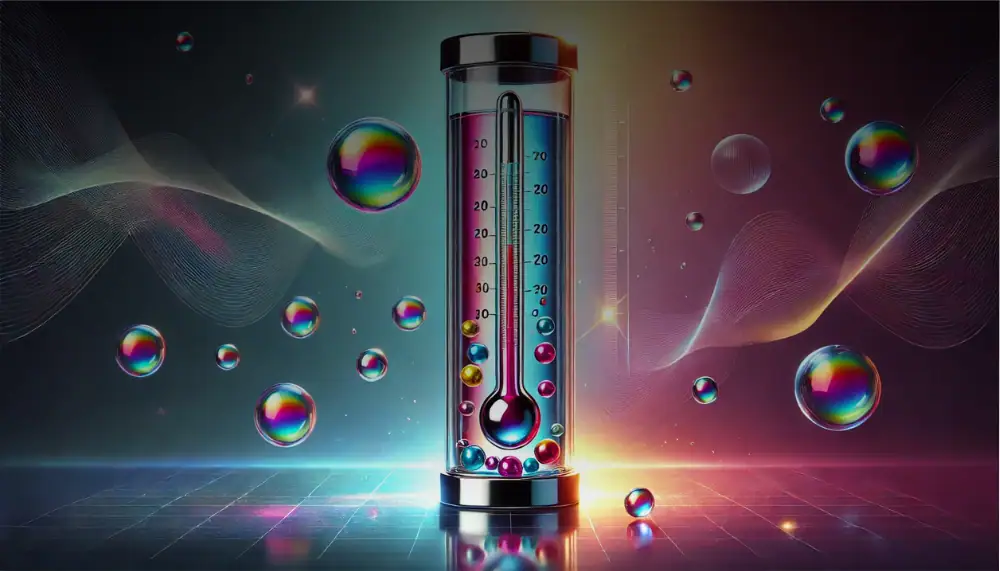 Termine di ricerca: Termometro scientifico con liquido colorato e sfondo futuristico con bolle di sapone.
