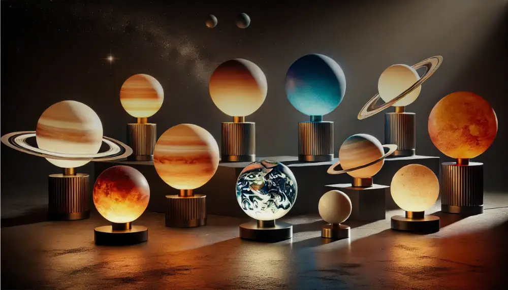 Pannello decorativo con modelli di pianeti e sistemi solari in miniatura, perfetto per appassionati di astronomia e decorazioni scientifiche originali.