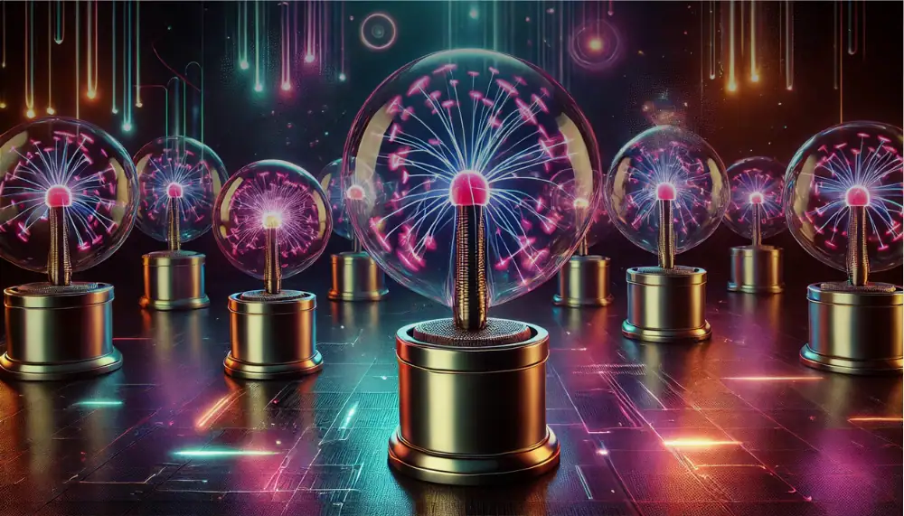 La lampada a plasma con effetto di scariche elettriche colorate, simbolo di energia e innovazione scientifica, su sfondo futuristico con luci al neon.