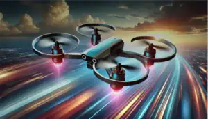 Un drone moderno con quattro rotori vola sopra un paesaggio urbano illuminato al tramonto, con scie di luce colorate che creano un effetto dinamico e futuristico.