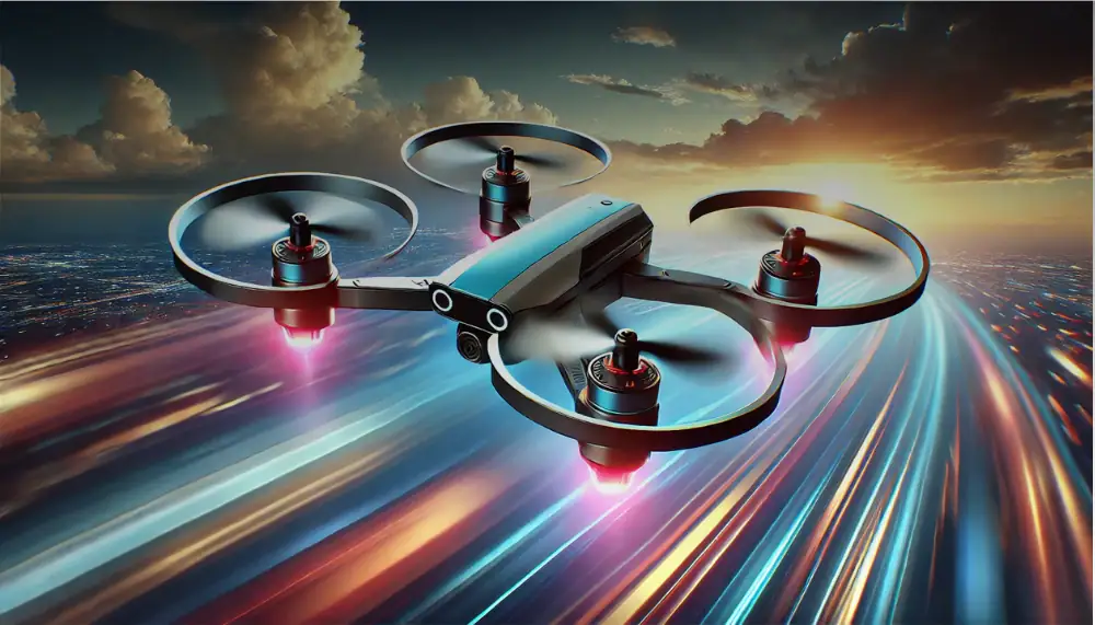 Un drone moderno con quattro rotori vola sopra un paesaggio urbano illuminato al tramonto, con scie di luce colorate che creano un effetto dinamico e futuristico.