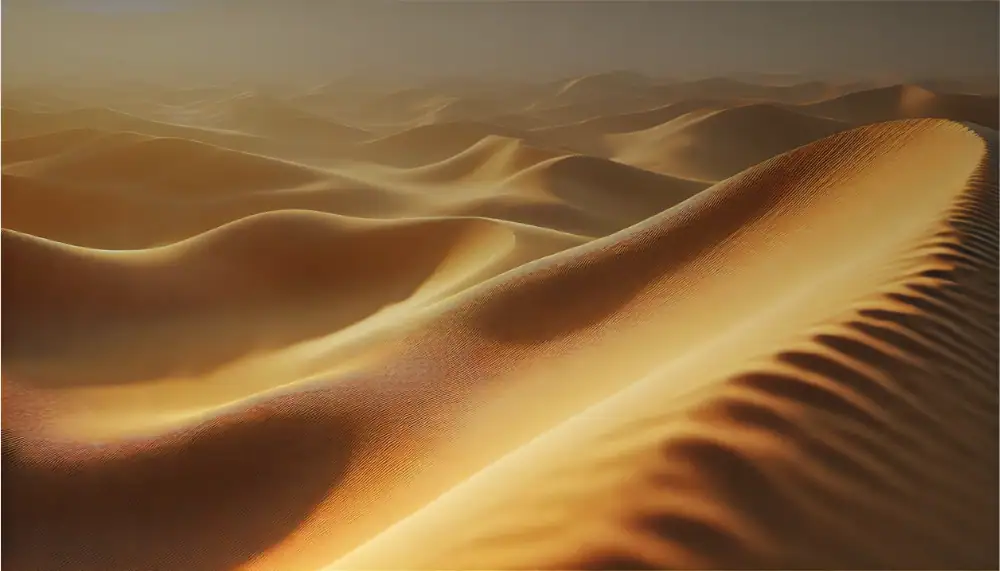 Le dune di sabbia dorata sotto un cielo al tramonto, creando un paesaggio desertico suggestivo e tranquillo. Perfetto come decorazione scientifica o oggetto di studio ambientale.