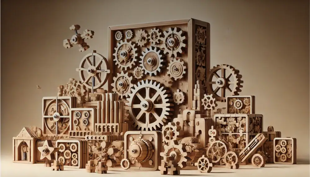 Ingranaggi di legno e oggetti scientifici decorativi, simbolo di ingegneria e innovazione, ideali per decorazioni e collezioni scientifiche. Perfetti per appassionati di tecnologia e design industrial.