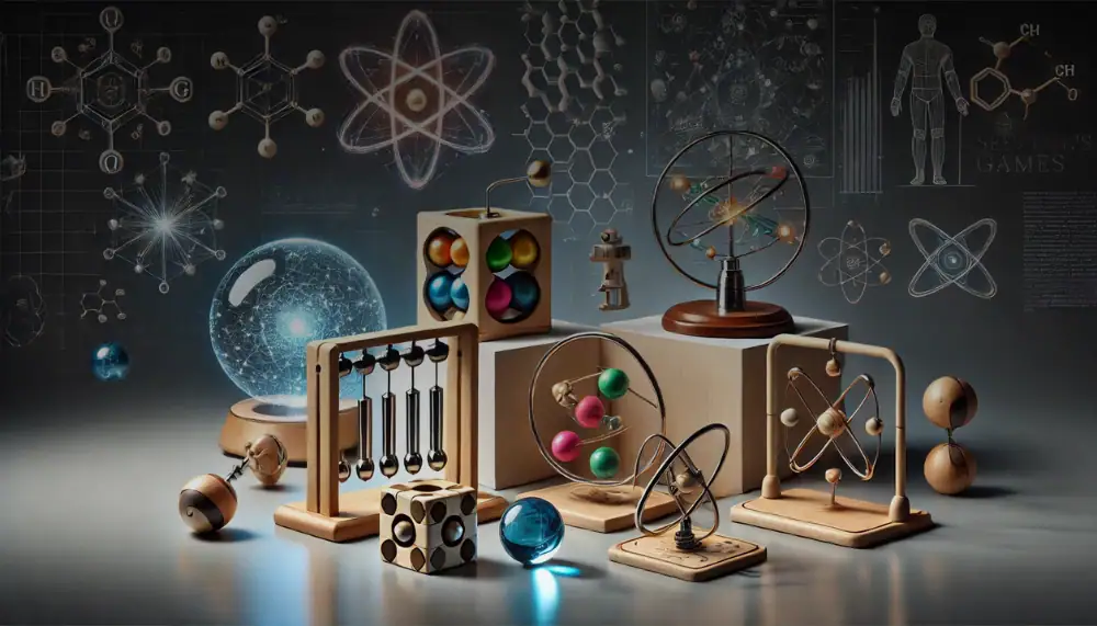 Esperimenti scientifici con modelli di atomi, molecole e strumenti di laboratorio, ideali come decorazioni educative e oggetti da collezione per appassionati di scienza e didattica.