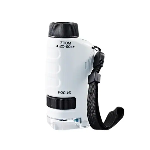 Lente da osservazione portatile con zoom 60x, ideale per scienze e decorazioni scientifiche, dotata di cinturino per facile trasporto e utilizzo in laboratorio o a scuola.