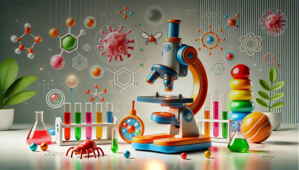 Microscopio scientifico con oggetti e simboli chimici, rappresentazione di ricerca e studio scientifico, decorazioni per ambienti educativi e scientifici.