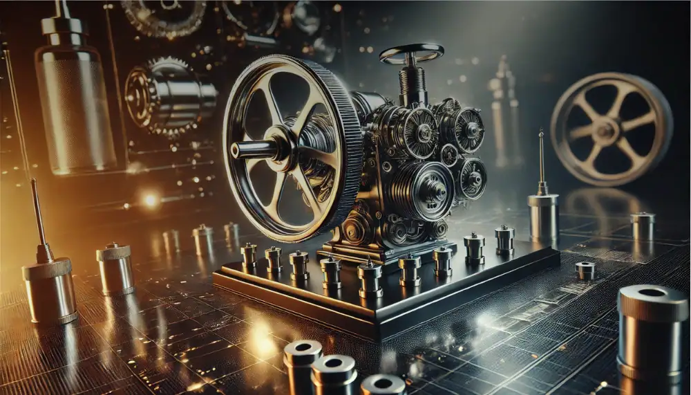 Motore scientifico in stile steampunk con ingranaggi e ruote metalliche, ambientato in un laboratorio futuristico con luci calde e dettagli tecnici complessi.