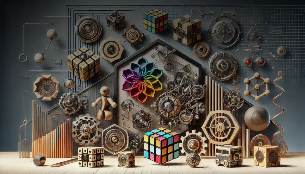 Composizione di oggetti scientifici e decorazioni ispirate alla scienza, tra cui modelli di atomi, cubi di Rubik e strumenti di laboratorio, su sfondo grigio con elementi tecnologici.