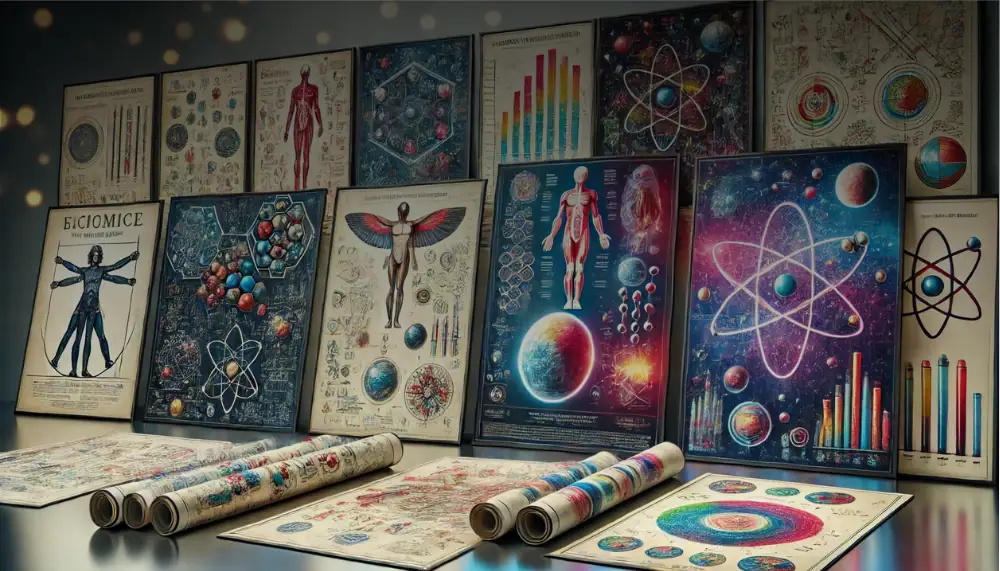 Poster di decorazioni scientifiche con modelli di atomi, diagrammi e rappresentazioni di biologia, chimica e fisica, ideale per ambienti educativi e scientifici.