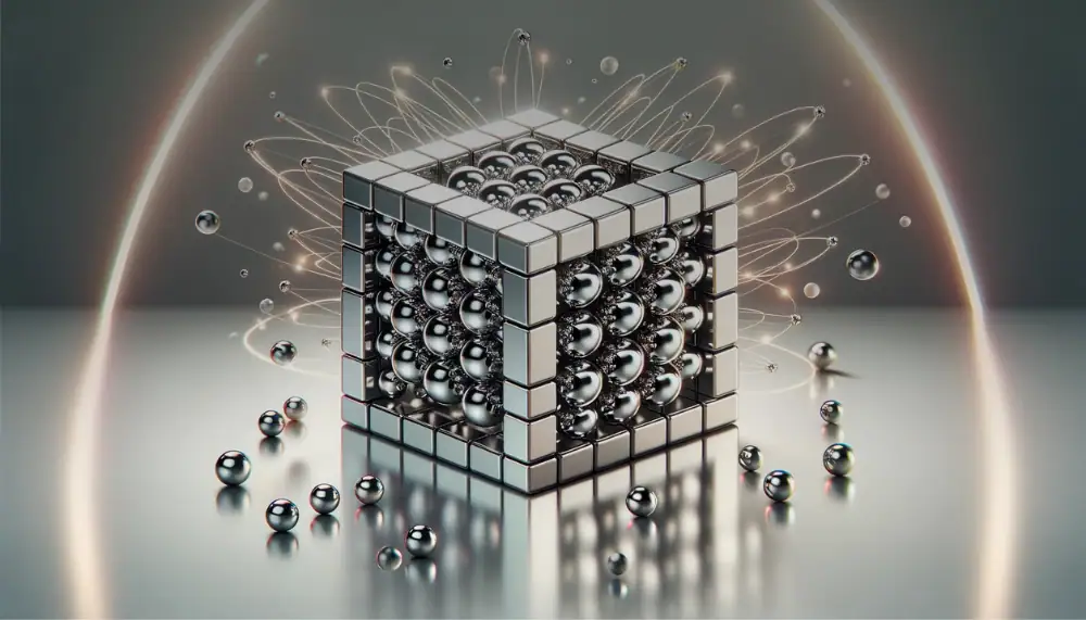Un cubo di Rubik con sfondo futuristico e effetti di particelle metalliche e luci, simbolo di scienza e tecnologia avanzata.
