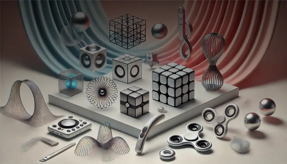 Collezione di oggetti scientifici e decorazioni moderne con forme geometriche e strutture metalliche, ideali per arredamento e studio scientifico.