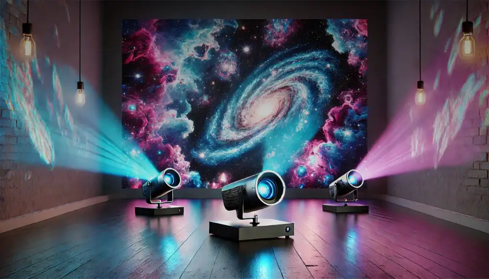 Pannelli di proiezione con immagini di galassie e spazio, illuminati da luci colorate, ideali per decorazioni scientifiche e ambientazioni spaziali.