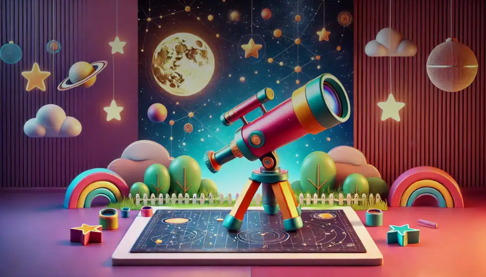 Telescopio per bambini con sfondo spaziale, pianeti, stelle e arcobaleni, ideale per decorazioni scientifiche e stimolare la curiosità astronomica dei più piccoli.