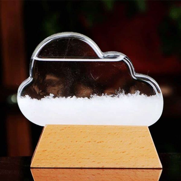 Nuvola di vapore in vetro con base in legno, decorazione scientifica ispirata alle nuvole e alla meteorologia, perfetta per appassionati di scienza e decorazioni originali.