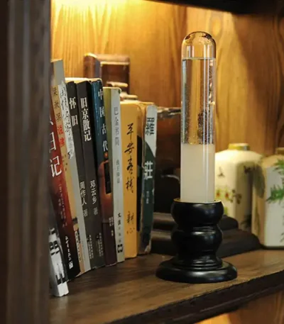Oggetto decorativo scientifico in vetro con bolle e liquido, posizionato su mensola di legno, tra libri e oggetti d'arredo.