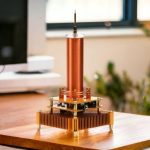 Modello di generatore di Tesla in miniatura con dettagli metallici e struttura complessa, perfetto come decorazione scientifica o oggetto da collezione.