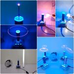 Vaporizzatore di gas con luci LED blu, utilizzato per esperimenti di fisica e chimica, crea effetti luminosi affascinanti e visualizzazioni di energia.