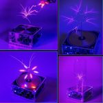 Esperimento di scariche elettriche di Tesla con luci viola e blu.