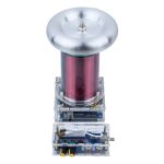 Modello di pompa di Van de Graaff con struttura trasparente e componente metallico rotondo superiore, utilizzata per esperimenti di fisica e decorazioni scientifiche.