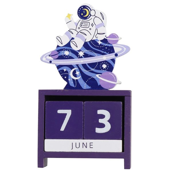 Pannello di calendario con numeri e mese, decorato con un astronauta e pianeti nello stile spaziale. Perfetto come decorazione scientifica e oggetto da collezione.