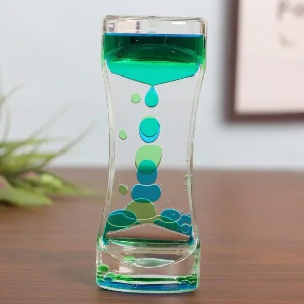 Orologio a clessidra decorativa con liquido verde e blu, perfetto come oggetto scientifico e decorativo per ambienti moderni e studi.