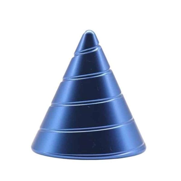 Oggetto scientifico a forma di piramide blu con anelli decorativi, ideale come decorazione per ambienti scientifici o educativi.