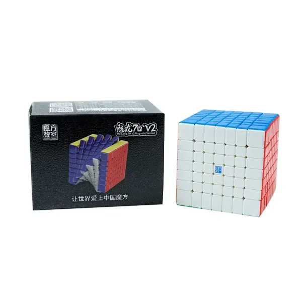Cubo magico 7x7 V2 con design colorato e scatola originale, perfetto per appassionati di puzzle e decorazioni scientifiche.