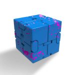 Cubetto scientifico blu con dettagli rosa, decorazione moderna e innovativa per ambienti educativi e scientifici.
