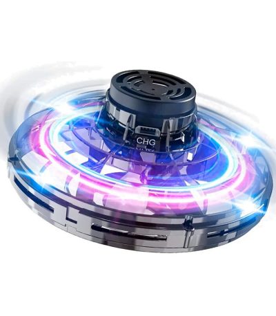 Disco volante futuristico con luci LED colorate, design innovativo e dettagli tecnologici, perfetto come decorazione scientifica o oggetto da collezione.