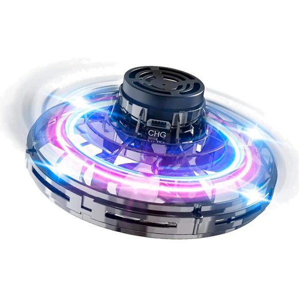 Disco volante futuristico con luci LED colorate, design innovativo e dettagli tecnologici, perfetto come decorazione scientifica o oggetto da collezione.