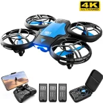 Drone RC con telecamera HD e luci LED, perfetto per riprese aeree e divertimento all'aperto. Include telecomando, batterie di ricambio e custodia compatta.