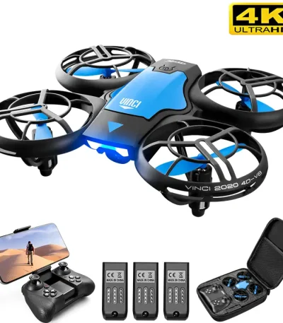 Drone RC con telecamera HD e luci LED, perfetto per riprese aeree e divertimento all'aperto. Include telecomando, batterie di ricambio e custodia compatta.