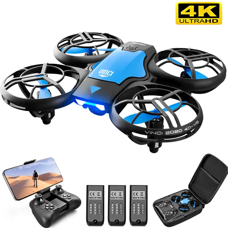 Drone RC con telecamera HD e luci LED, perfetto per riprese aeree e divertimento all'aperto. Include telecomando, batterie di ricambio e custodia compatta.