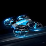 Drone Vinci 2020 4D-V8 con luci LED blu, design futuristico e tecnologia avanzata, ideale per appassionati di modellismo e decorazioni scientifiche innovative.