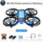 Drone con telecamera 4K, batteria ricaricabile e accessori come telecomando, batteria di riserva, protezioni, cavi di ricarica e manuale d'uso. Ideale per riprese aeree e fotografia digitale.